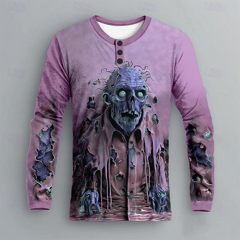 Men's Halloween Zombies Henley Shirt Long Sleeve Fashion Cute Daily Casual Holiday Going out Fall Winter Spring &  Fall Blue Green Purple Henley Collar Henley Henley T-Shirt3
