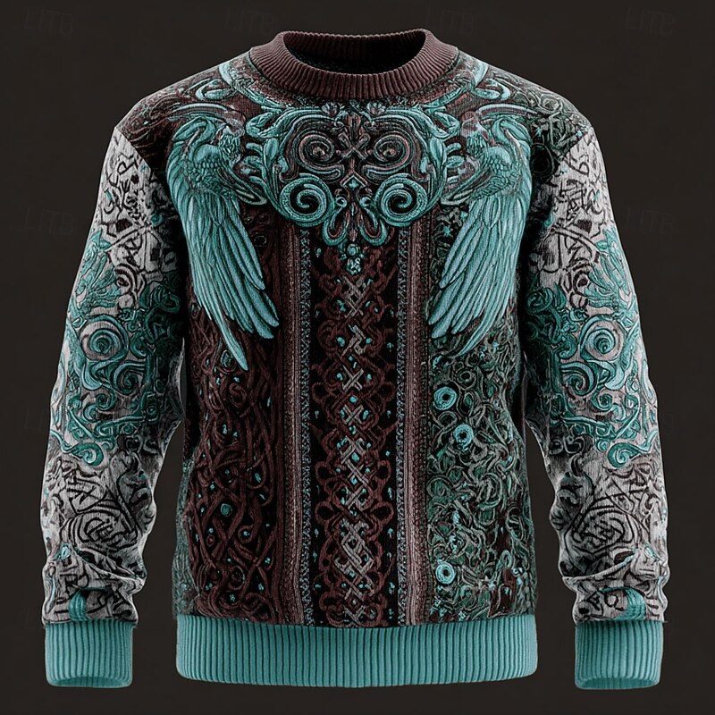 Men's Viking Pullover Sweater Jumper Knitwear Crewneck Retro Vintage Casual Vacation Daily 3D Print Knitting Keep Warm Long Sleeve Spring Fall Winter Blue Brown Green2