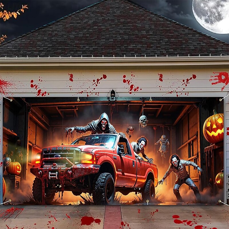 Halloween Tapestry Garage Door Cover Large Hanging Backdrop Zombies 3D Dark Punk Gothic Style Party Outdoor Shooting Backgrounds Yard Haunted House Home Decor