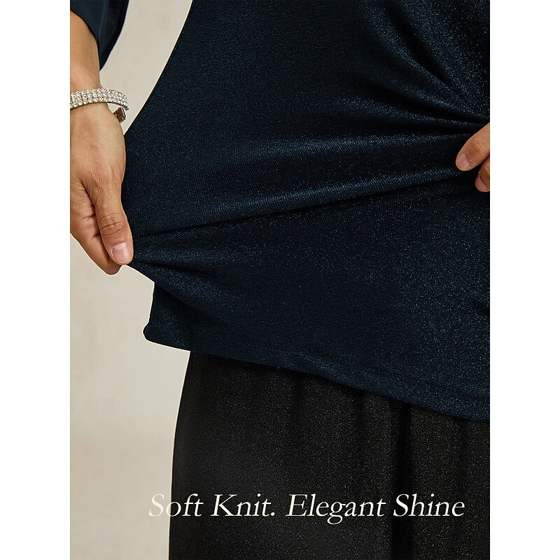 Women's Dressy Tops Solid Color Elegant Vintage Daily 3/4 Length Sleeve Crew Neck Regular Tops Wedding Guest Evening Party Date Night Outfits Glitter Navy Blue Spring, Fall, Winter, Summer3
