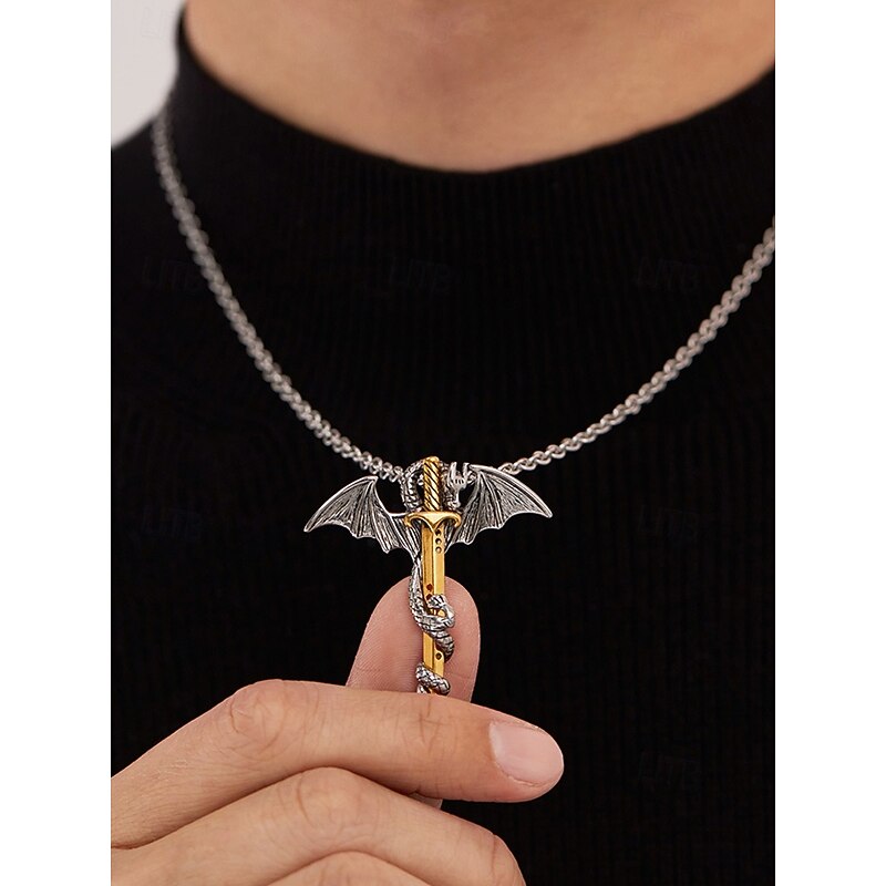 Men's Halloween Dragon Sword Necklace – Gothic Stainless Steel Winged Pendant Jewelry for Cosplay, Parties & Streetwear - Main Image