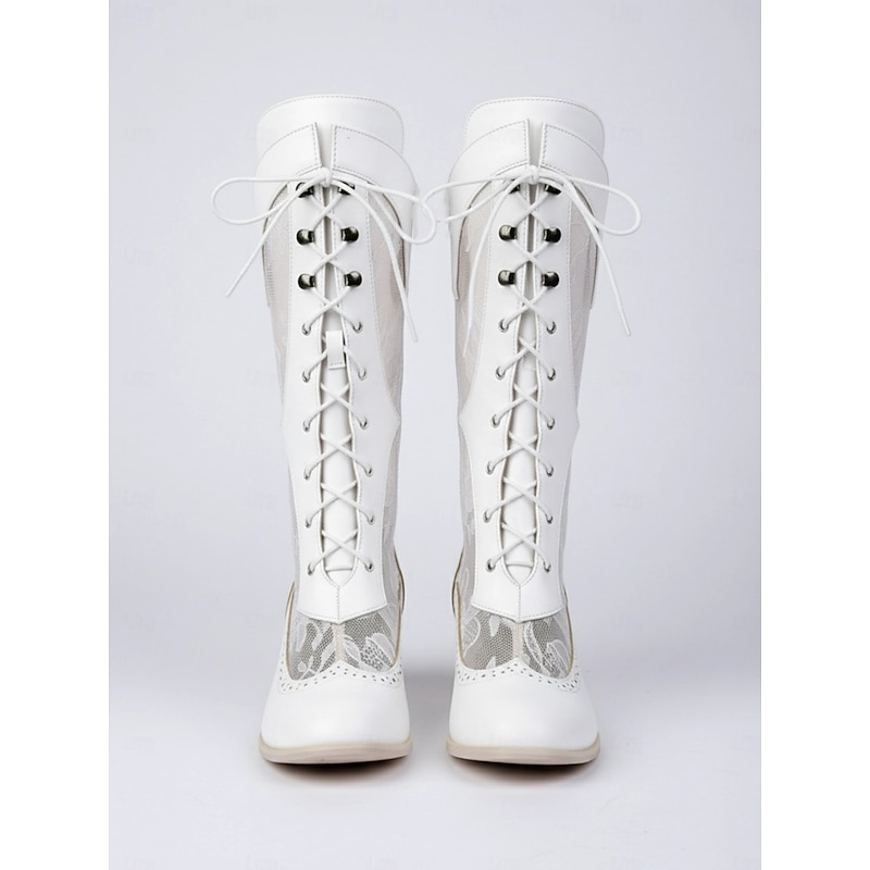 Women's Victorian-Style White Lace-Up Boots with Lace Panels - Elegant Vintage Footwear for Weddings and Special Occasions3