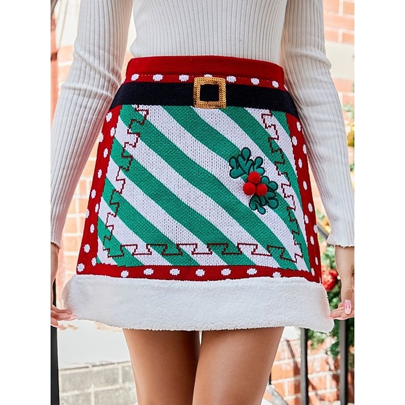 Women's Skirt A Line Fashion Casual Mini High Waist Skirts Graphic Knitting Micro-elastic Christmas Street Red Spring Knit Polyester