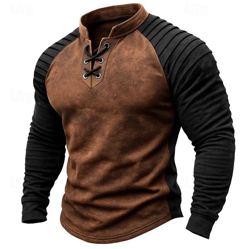 Men's Faux Suede T Shirt Henley Shirt Long Sleeve Vintage Stand Collar Fall Winter Spring & Fall Color Block Knitwear Daily Casual Lace up Outdoor Causal Casual Dark Brown Gray Top Tee for Men