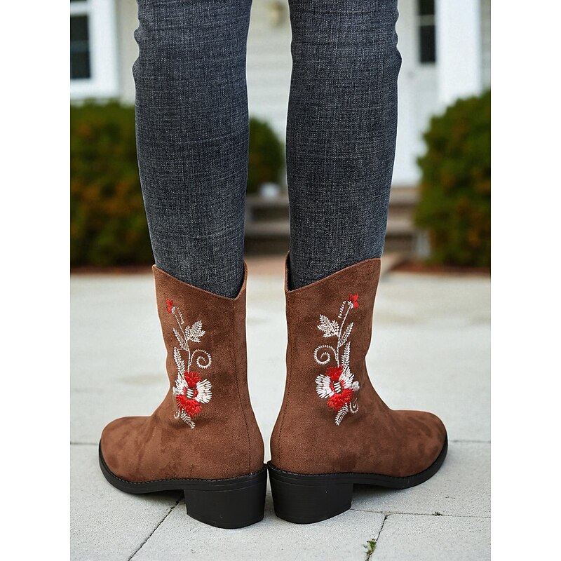 Women's Brown Floral Embroidered Booties – Faux Suede Zipper Mid Calf Ankle Boots Boho Outfits and Casual Wear4