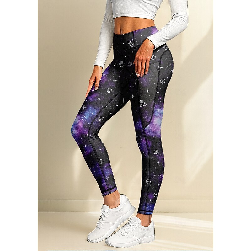 Women's pilates leggings fitness pants Gym Leggings Pockets Stamp Duty Side Pockets Pilates Gym Gym Workout Pants Tights Leggings Galaxy Star Print Purple Sports Activewear Stretchy Tight Fit