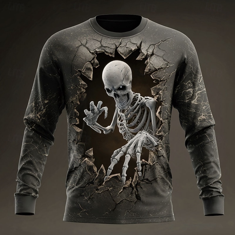 Halloween Men's Grim Reaper Skeleton T Shirt Long Sleeve T shirt 3D Print Crew Neck Shirt Fashion Exaggerated Street Casual Daily Yellow Green Dark Blue Summer Spring Fall Clothing Apparel S M L XL2