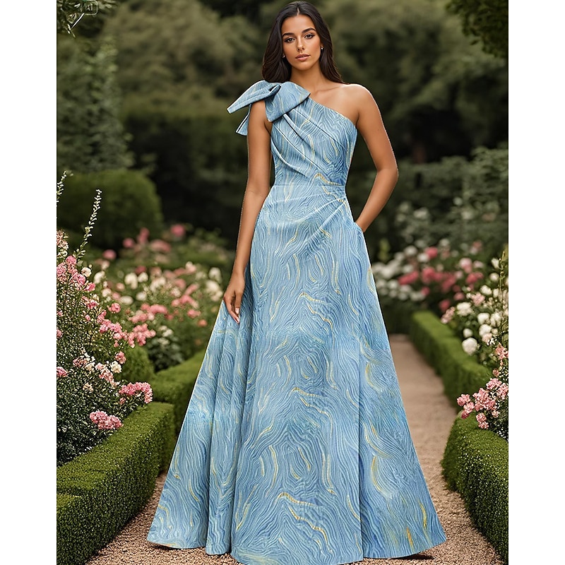 Metallic Marble Jacquard Dress A-Line Evening Gown Elegant Dress Formal Wedding Floor Length Sleeveless One Shoulder Brocade with Bow(s) Pleats Wedding Guest Dress
