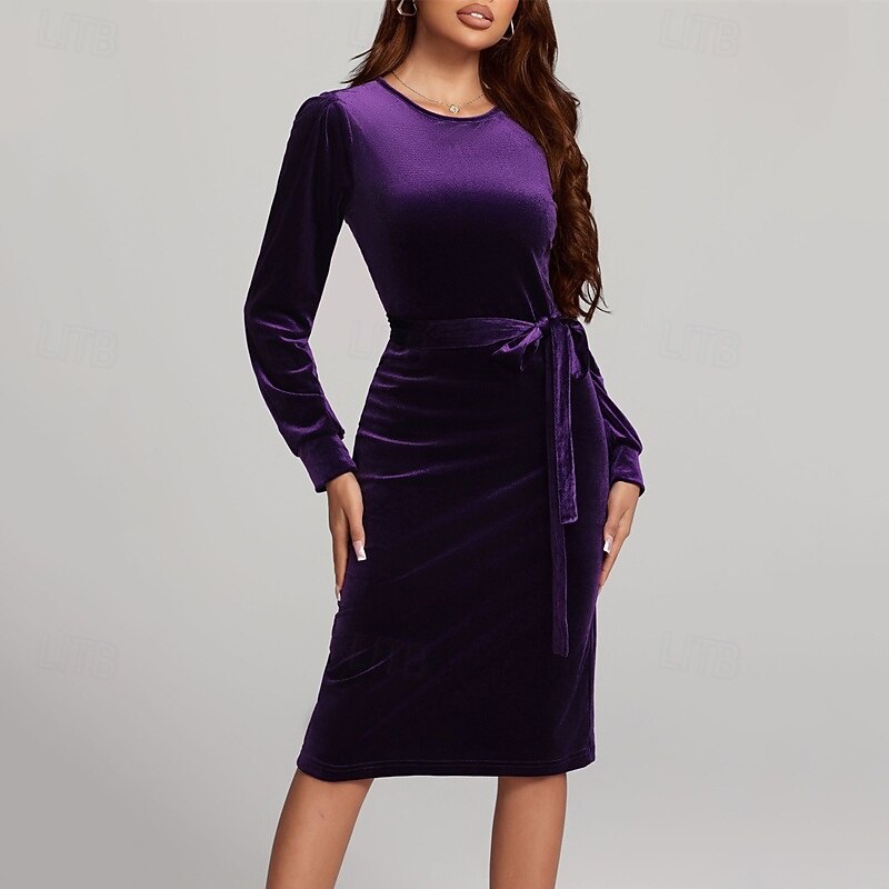 Women's Midi Dress Velvet Dress Cocktail Dress Elegant Fashion Modern Outdoor Party Party Evening Wear Regular Fit Plain Long Sleeve Crew Neck Black Red Blue Purple Spring Autumn3