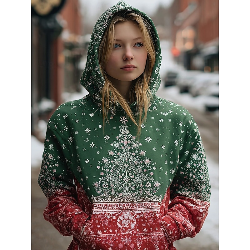 Women's Pullover Hoodie Sweatshirt Graphic Christmas Tree Tribal Casual Long Sleeve Hooded Regular Tops Party Evening Wear Street Dailywear Black Red Green Spring Fall Winter
