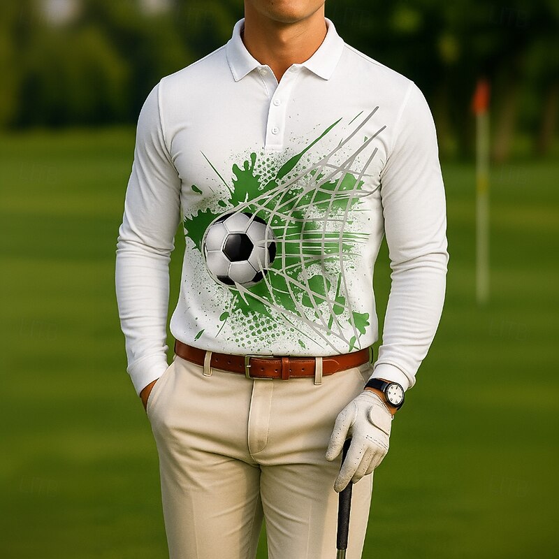 Men's Golf Polo Long Sleeve Polo Shirts Lapel Casual Outdoor Athleisure Daily Wear 3D Print Buttons Spring Fall Winter White