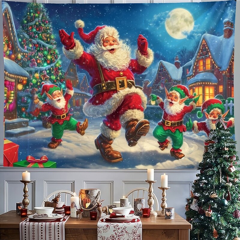 Christmas Wall Tapestry Backdrop, Santa Claus Flying Sleigh with Reindeer under Night Sky, 2025 Xmas Winter Wonderland Holiday Wall Hanging for Bedroom Living Room3