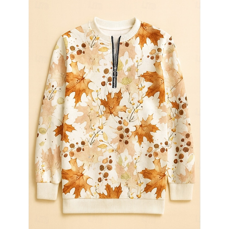 Women's Pullover Sweatshirt Zip Up Sweatshirts Floral Graphic Fashion Casual Long Sleeve Crew Neck Regular Tops Street Dailywear Zipper Print White Yellow Orange Khaki Beige Spring Fall Winter2