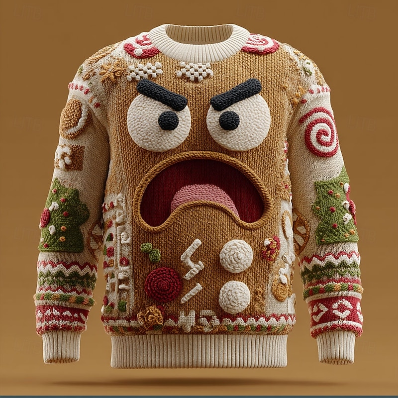 Ugly Christmas Sweater Men's 3D Print 3D Cartoon Gingerbread Man Pullover Sweater Jumper Knitwear Crewneck Casual Vacation Daily Knitting Keep Warm Long Sleeve Spring Fall Winter Brown