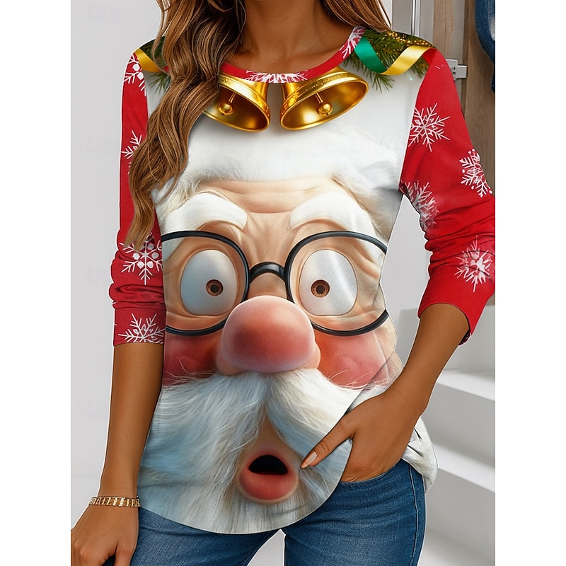 Christmas Women's T Shirt Santa Claus Snowflake Casual Long Sleeve Crew Neck Regular Tops Weekend Print Black White Red Blue Orange Winter2