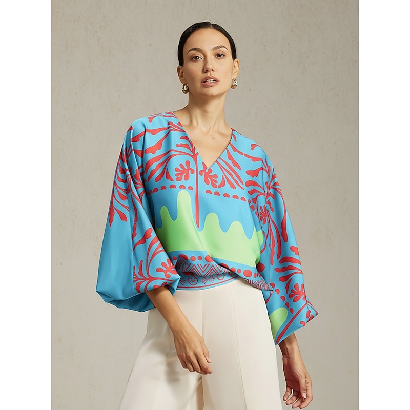 Women's Top Satin Sky Blue Floral Vacation Print Lantern Sleeve V Neck Spring Autumn Casual