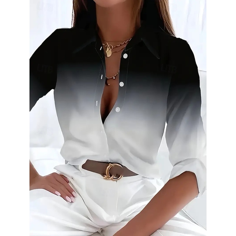 Women's Shirt Ombre Floral Color Gradient Casual Long Sleeve Shirt Collar Regular Tops Work Daily Buttons Print Black Spring Fall Winter Spring, Fall, Winter2