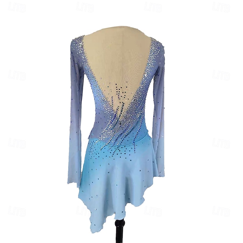 Figure Skating Dress Women's Girls' Ice Skating Dress Blue Halo Dyeing Asymmetric Hem Spandex High Elasticity Training Professional Competition Skating Wear Classic Crystal / Rhinestone Long Sleeve2