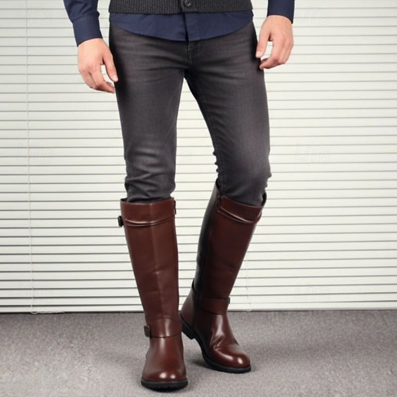 Men's Brown Knee-High Riding Boots – Faux Leather with Buckle Detail and Zipper Closure for Casual and Equestrian Style3
