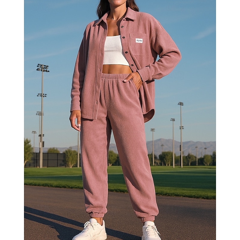 Women's Cuffed Sweatsuit Sets Shirt Jacket Lounge Suits with Pocket Solid Colored Clothing Suit Fall Pink Vocation Outdoor Travel Lightweight Fashion Long Sleeve Sport Activewear Micro-elastic