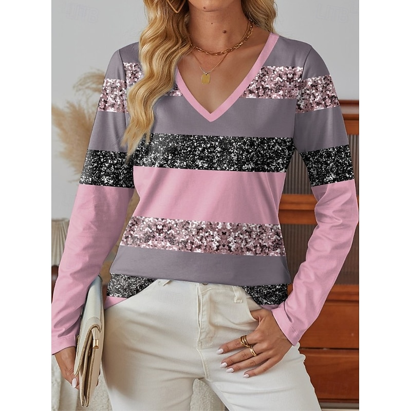 Women's T Shirt Ombre Graphic Geometric Vintage Stylish Classic Long Sleeve V Neck Regular Tops Daily Print Pink Purple Green Spring Fall Winter