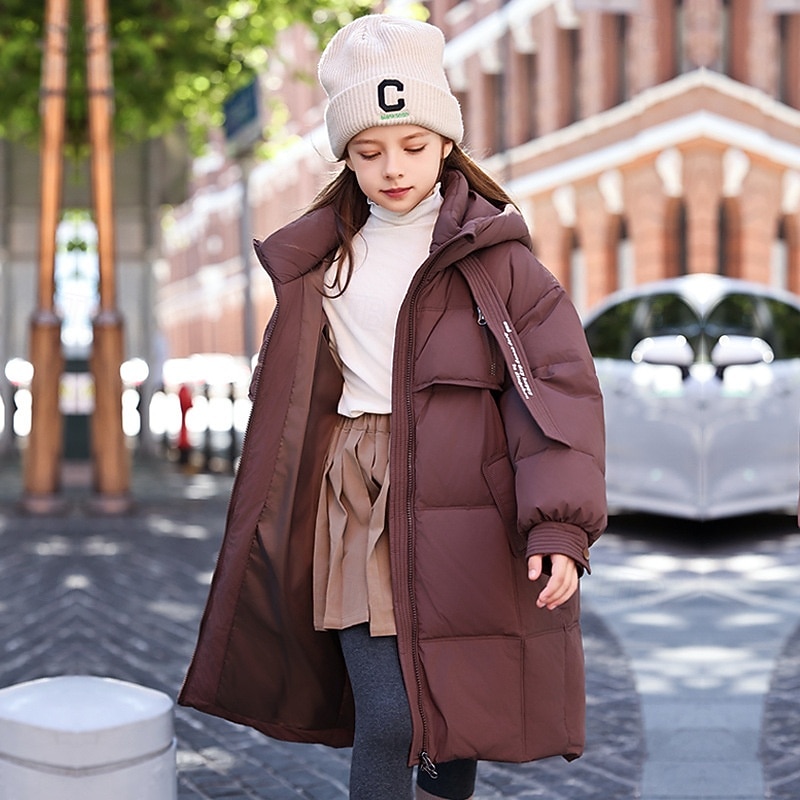 Kids Girls' Down Jacket Outdoor Jacket Puffer Jacket Solid Color Fashion Keep Warm Windproof Outdoor Coat Outerwear 4-12 Years Fall Black Purple Coffee3