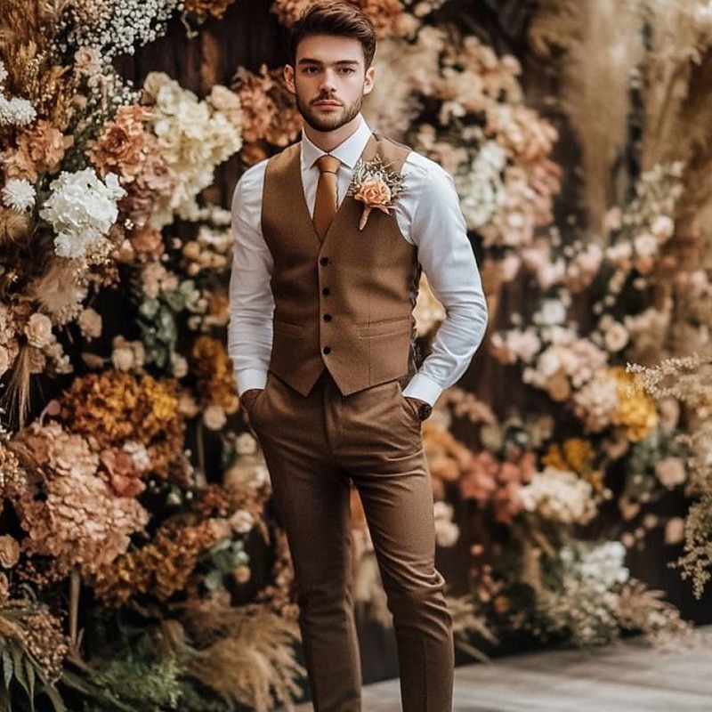 Men's Wedding Business Party Suits Notch Lapel Brown Daily Formal Solid Colored Tailored Fit 2 Piece