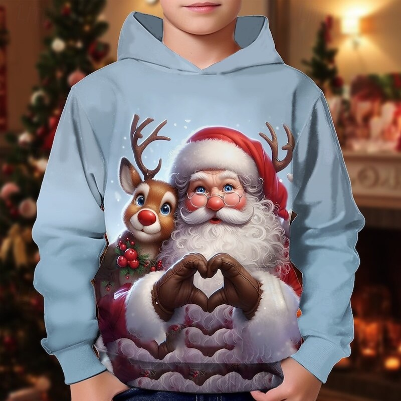 Christmas Boys' 3D Graphic Santa Claus Elk Hoodie Long Sleeve Spring Fall Fashion Streetwear Kids 4-12 Years Hooded Outdoor Casual Daily Regular Fit
