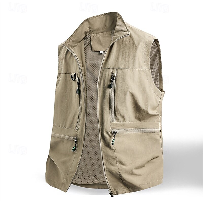 Men's Vest Gilet Fishing Vest Outdoor Daily Fashion Casual Spring Fall Zip Up Pocket Nylon Comfortable Plain Zipper Stand Collar Regular Fit Black White Khaki Army Green Vest