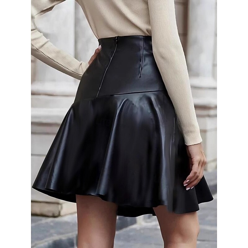 Women's Skirt A Line Fashion Casual Mini High Waist Skirts Plain Micro-elastic Street Daily Black Spring Faux Leather3
