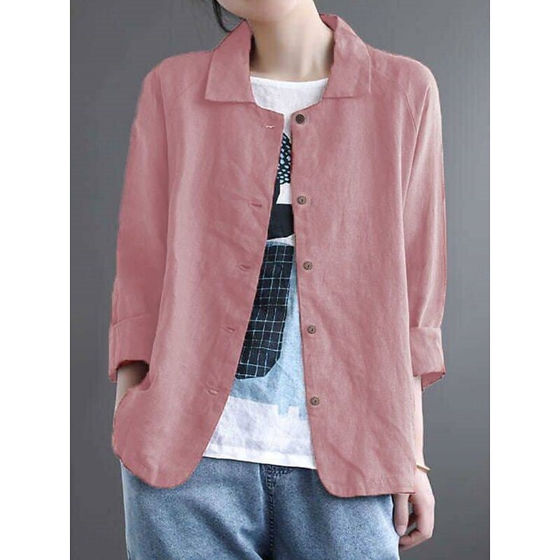 Women's Cotton Linen Shirts Solid Color Basic Casual Long Sleeve Shirt Collar Regular Tops Daily Buttons Pink Khaki Dark Gray Summer Spring4