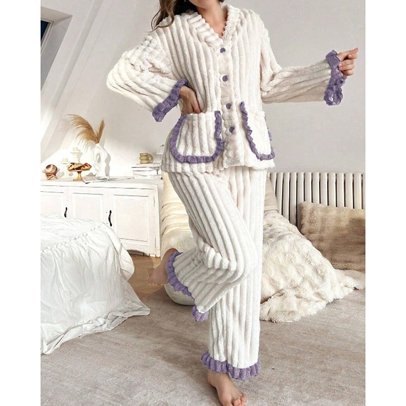 Women's Pajamas Pajama Set 2 Pieces Comfort Soft Patchwork Pocket Elastic Waist Buttons Pant Home Daily Bed Long Sleeve V Neck White Red Purple Green Fall Winter4