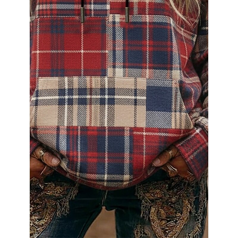 Women's Pullover Hoodies Plaid Fashion Streetwear Casual Long Sleeve Hooded Regular Tops Dailywear Casual Sports Drawstring Pocket Print Red Spring Fall3