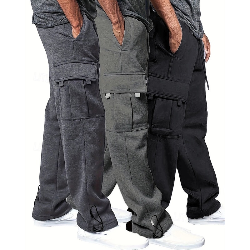 Multi Packs 3pcs Men's White+Red+Pink Wide Leg Sweatpants Trousers Drawstring Elastic Waist Plain Vacation Daily Wear Polyester Spring