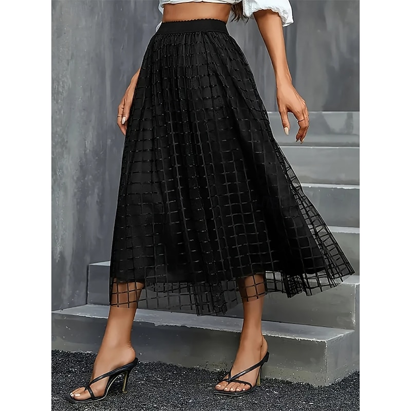 Women's Skirt A Line Fashion Casual Midi High Waist Skirts Plain Pocket Layered Tulle Micro-elastic Street Daily Black Spring Polyester4