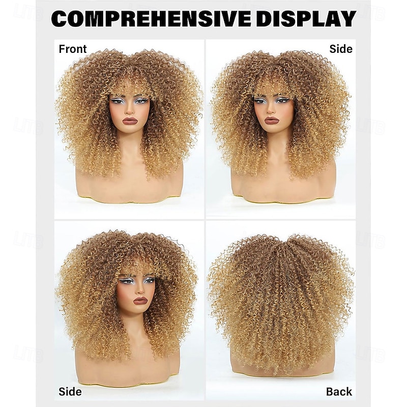 Curly Wig Afro Curly Wigs for Black Women Afro Kinky Curly Wig With Bangs Full and Fluffy Glueless Wig Synthetic Hair Replacement Wigs for Cosplay and Daily2