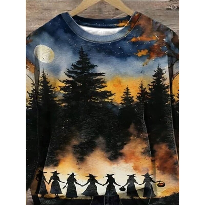 Women's Pullover Graphic Halloween Witch Casual Long Sleeve Crew Neck Regular Tops Street Dailywear Casual Print Blue Spring Fall Winter2