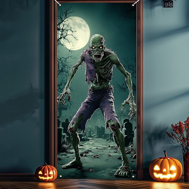 Halloween Door Covers, Zombie Green Horror Tapestry with Chilling Dark Undead Figures, Spooky Scary Door Curtain for Indoor Outdoor Decor4