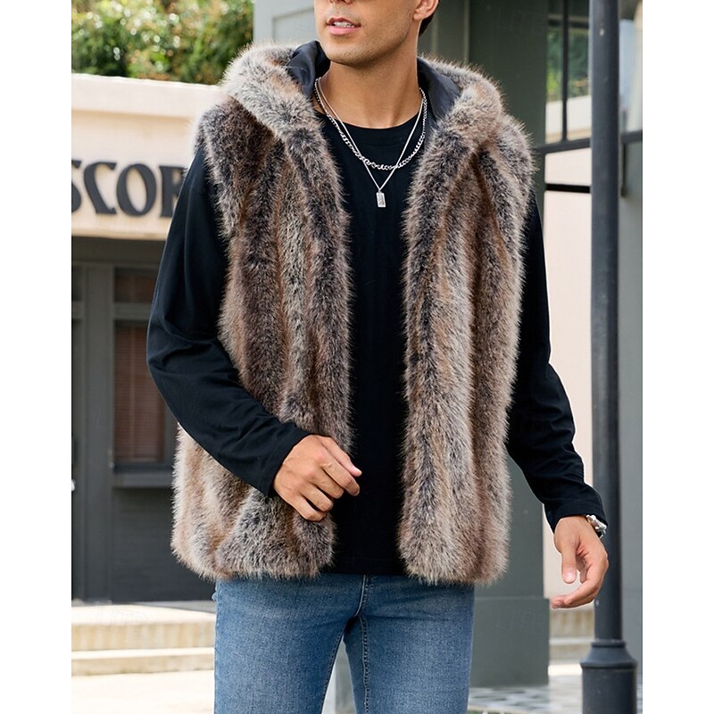 Men's Vest Faux Fur Gilet Outdoor Daily Fashion Casual Fall Winter Faux Fur Thermal Warm Comfortable Plain Hooded Regular Fit Brown Vest4