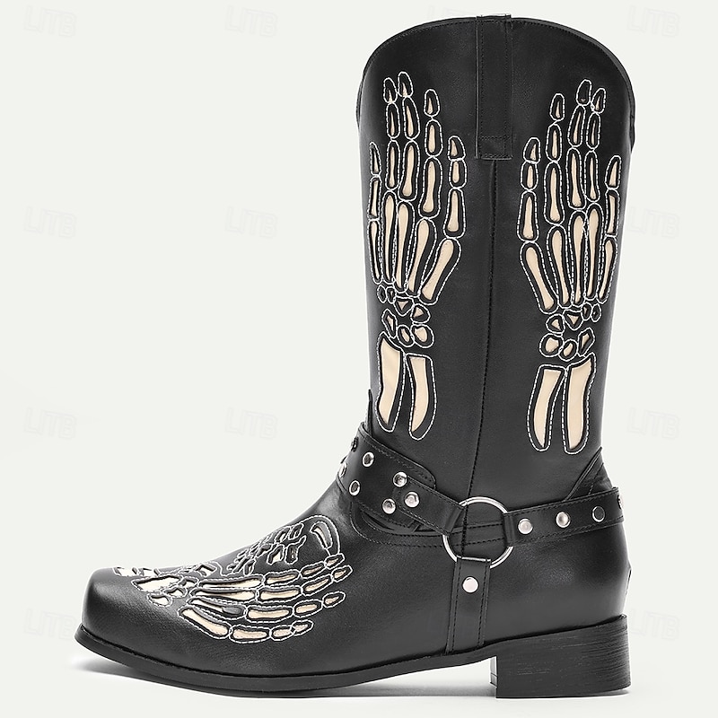 Men's Black Western Cowboy Boots with Skeleton Bone Embroidery – Gothic Rock Style Tall Boots for Halloween Parties, Cosplay, Nightlife Stage Performances and Festival Wear2