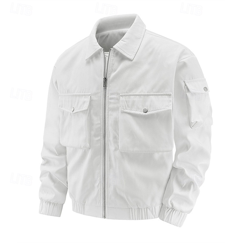 Men's Bomber Jacket Cargo Jacket Casual Jacket Vacation Daily Breathable Pocket Spring Fall Plain Fashion Classic Lapel Regular Black White Jacket