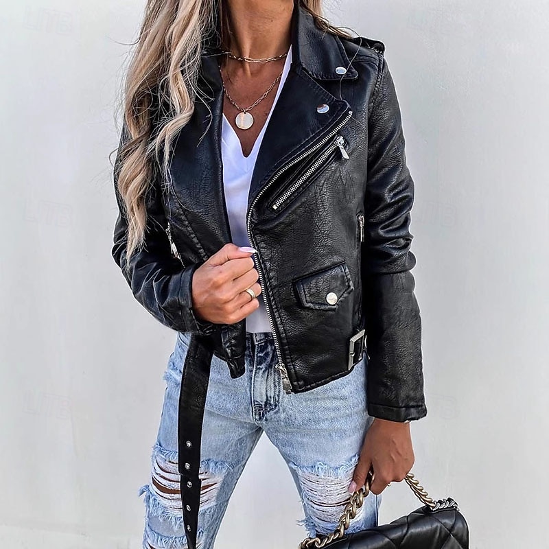 Women's Faux Leather Jacket Warm Comfortable Zipper Buttons Casual Solid Color Vacation Street Casual Daily Wear Short Turndown Regular Fit Long Sleeve Outerwear Black Wine Fall Winter2
