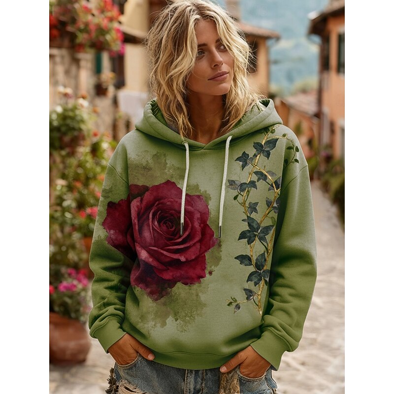 Women's Pullover Hoodies Floral Fashion Streetwear Casual Long Sleeve Hooded Regular Tops Dailywear Casual Drawstring Print Green Gray Spring Fall2