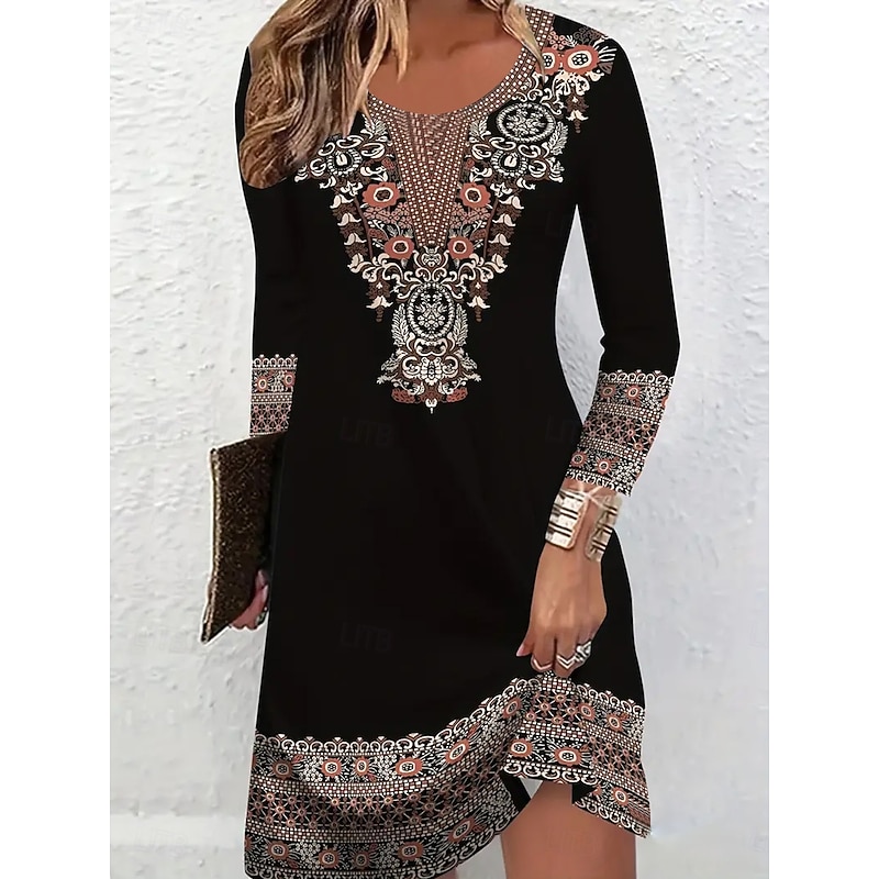 Women's Mini Dress T Shirt Dress Tee Dress Sundress A Line Dress Casual Daily Going out Regular Fit Graphic Tribal Abstract Long Sleeve Crew Neck V Neck Black Fall Winter