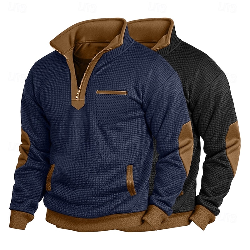 Men's Sweatshirt Waffle Sweatshirt Pullover Hoodie Sweatshirt Pullover Quarter Zip Sweatshirt Navy Blue+Black Standing Collar Plain Patchwork Color Block Textured Sports & Outdoor Casual Daily2