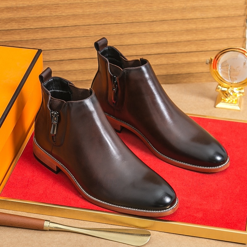 Men's Brown Faux Leather Chelsea Ankle Boots – Side Zipper Slip-On Dress Boots for Business, Office and Casual Outfits3