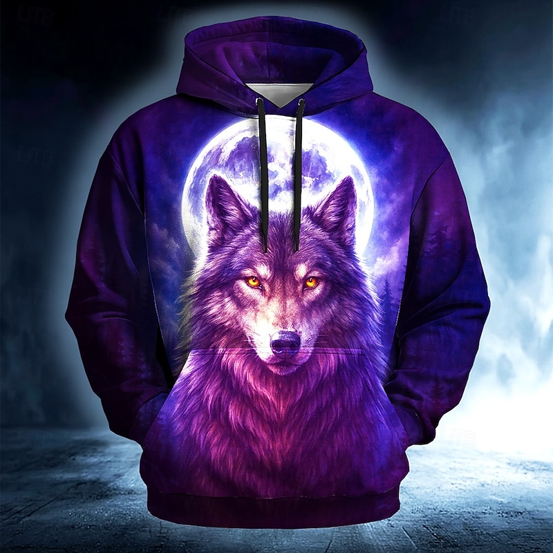 Men's Moon Wolf 3D Hoodie Sweatshirt Cool Daily Crew Neck Club Streetwear Blue Purple Drawstring Fall Winter Designer2