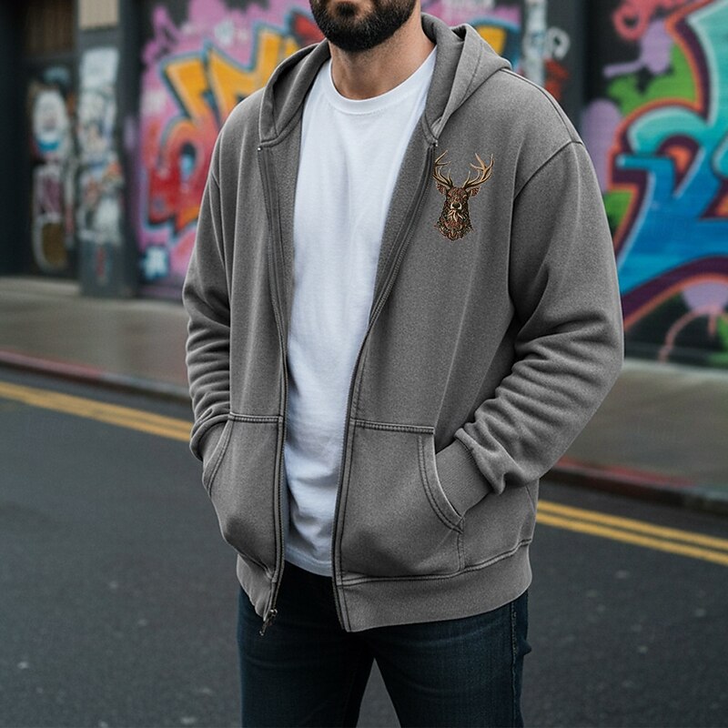 Men's Pullover Hoodie Sweatshirt Distressed Hoodie Apricot Black Pink Coffee Gray Hooded Reindeer Pocket Daily Going out Streetwear 100% Cotton Vintage Retro Casual Fall & Winter Clothing Apparel4