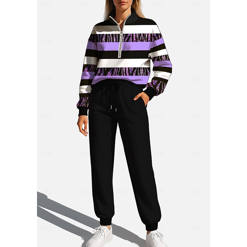Women's Sweatshirt Tracksuit Sweatsuit Drawstring Zipper Geometric Jacket and Sweatpants Athletic Clothing Set Spring Purple Casual Workout Outdoor Soft Baggy Long Sleeve Sport Activewear3