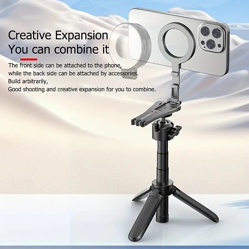 Metal Magnetic Tripod Stand Foldable Desktop Phone Holder Foldable Phone Tripod with Hook Phone Reader Stand Compatible with MagSafe3